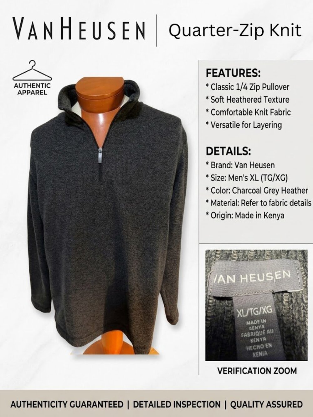 Van Heusen Men’s XL Charcoal Grey Quarter-Zip Knit Pullover Sweater